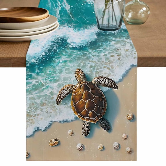 Sea Turtle Seaside Table Runner 48 Inches, Waves Summer Beach Ocean Coastal Bed Runner Dresser Scarves Tabletop for Indoor Outdoor Parties/Ceremony/Banquet, 13" x 48"