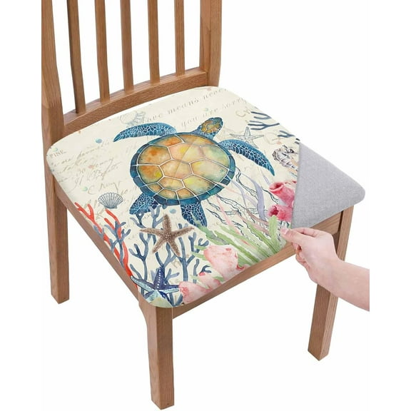 Sea Turtle Seat Covers for Dining Chairs, Summer Beach Coral Stretch Kitchen Chair Slipcovers, Retro Nautical Coastal Dining Room Chair Covers Removable Office Chair Cover Protector Set of 6