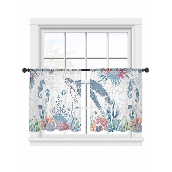 Sea Turtle Sheer Curtains 45 Inch Long 2 Panels, Watercolor Seaweed Fish Coral Seahorse White Letter Texture Light Filtering Rod Pocket Curtains, Sheer Voile Drapes for Living Room Bedroom, 52"x45"