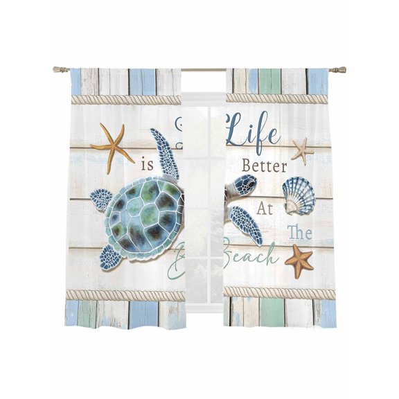 Sea Turtle Sheer Curtains 72 Inch Long 2 Panels, Ocean Starfish Shell Wood Grain Rope Light Filtering Rod Pocket Semi Sheer Curtains, Sheer Voile Drapes for Living Room Bedroom, 52"x72"