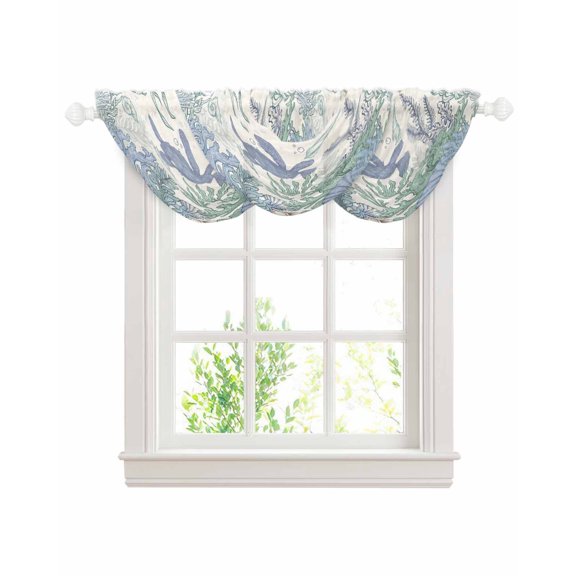 Sea Turtle Sheer Waterfall Valance Curtains for Window, Watercolor Ocean Coral Conch Shell Animal Beige Rod Pocket Sheer Topper Swag Curtains for Living Room, Kitchen 38.5"W x 47.2"L, 3 Panels