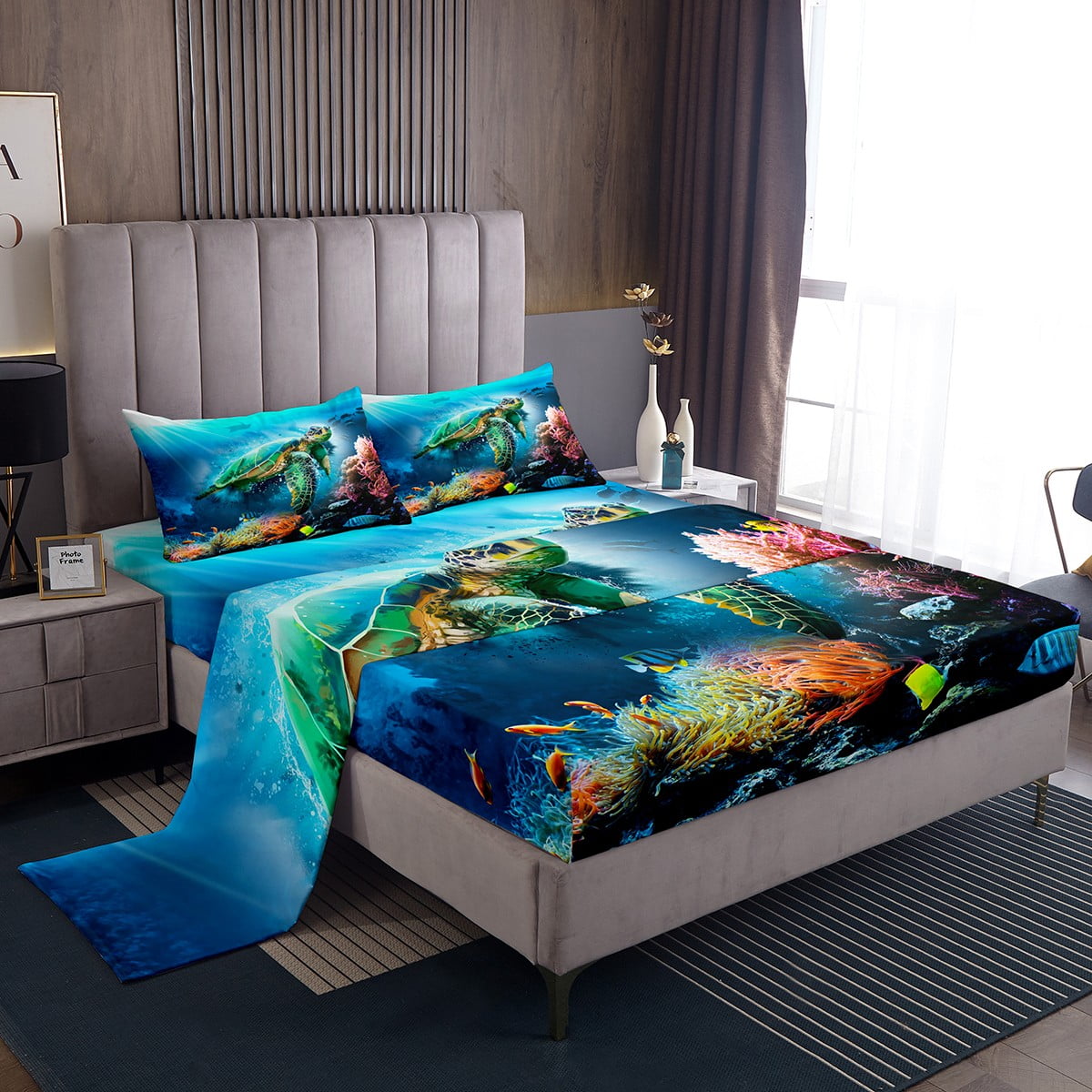Sea Turtle Sheet Set Rainbow Coral Sheets for Boys,Tropical Sealife Bed