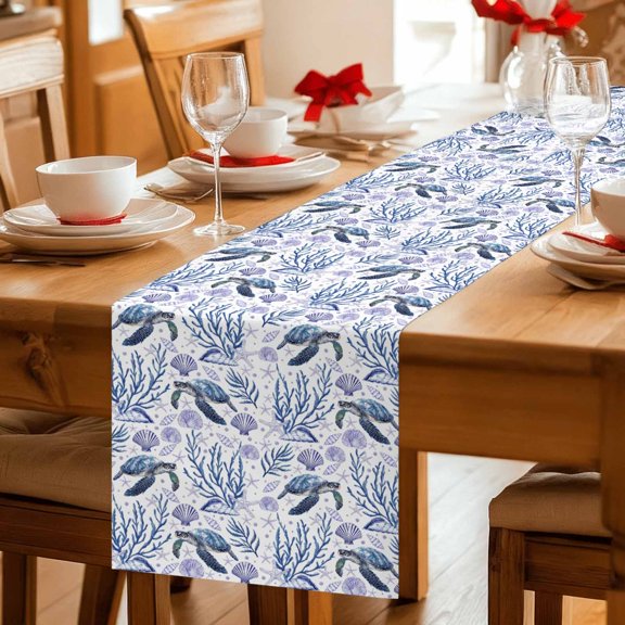 Sea Turtle Shell Coral Seamless Table Runner 36 Inches Long,Kitchen Dining Tablerunners Summer Ocean Theme Linen Table Runners Dresser Scarves for Home Dinner Wedding Holiday Party Decor