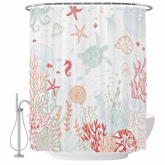 Sea Turtle Shell Fabric Shower Curtain Coral Seaweed Starfish Jellyfish Red Washable Shower Curtains for Bathroom, Waterproof Bath Curtain with Hooks Home Decor 36x72in