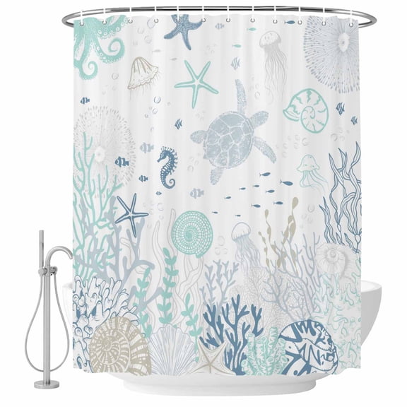 Sea Turtle Shell Fabric Shower Curtain Coral Seaweed Starfish Jellyfish Washable Shower Curtains for Bathroom, Waterproof Bath Curtain with Hooks Home Decor 36x72in