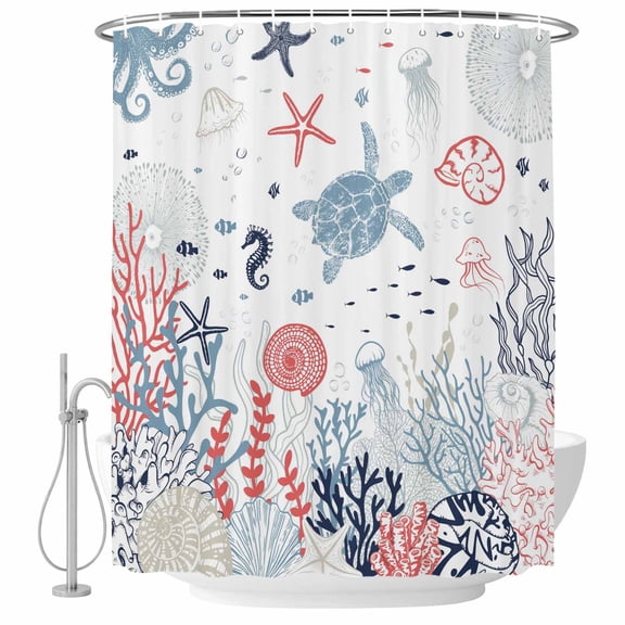 Sea Turtle Shell Fabric Shower Curtain Ocean Coral Seaweed Starfish Washable Shower Curtains for Bathroom, Waterproof Bath Curtain with Hooks Home Decor 72x84in