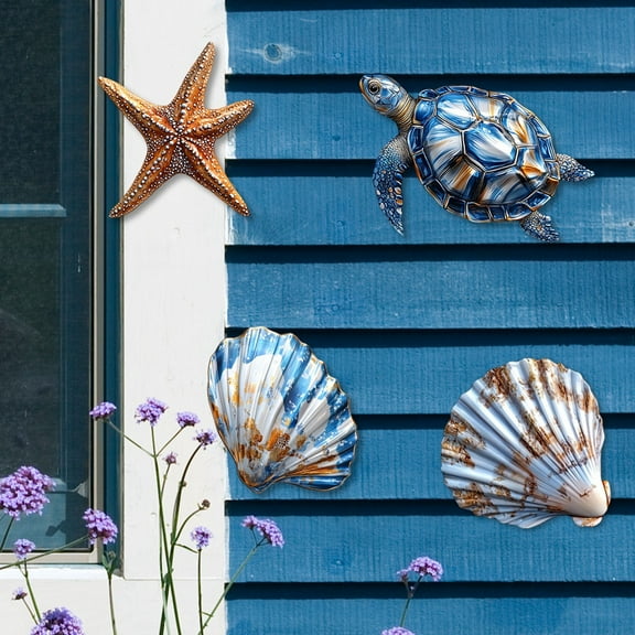 Sea Turtle Shell Starfish Wall Decor, Garden Hanging Art Sculptures Stickers, Home Ocean Theme Decorations for Kitchen Bathroom and Pool