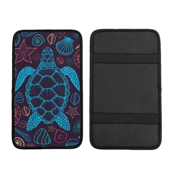 Sea Turtle Shells Starfish Car Armrest Cover Center Console Pad - Neoprene Cushion with Elastic Straps Universal Fit for Vehicles SUV