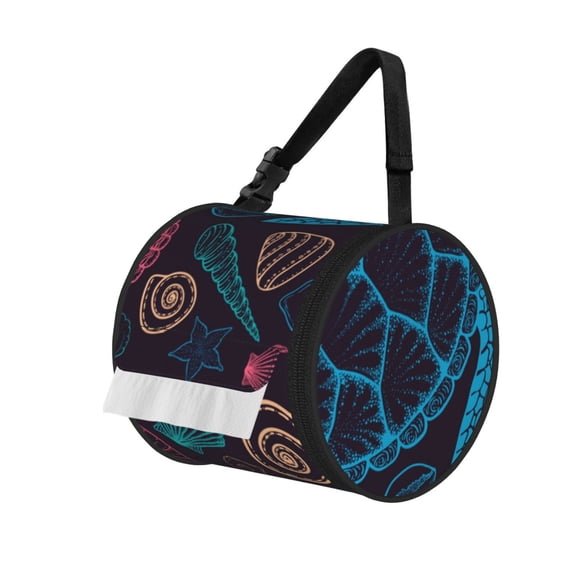 Sea Turtle Shells Starfish Portable Cylinder Toilet Paper Holder Tissue Dispenser Hanging Storage Bag with Strap