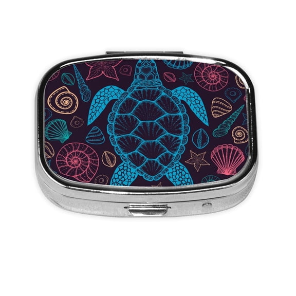Sea Turtle Shells Starfish Square Pill Box 2 Compartment Pill Case Medicine Organizer Decorative Gift for Purse Pocket
