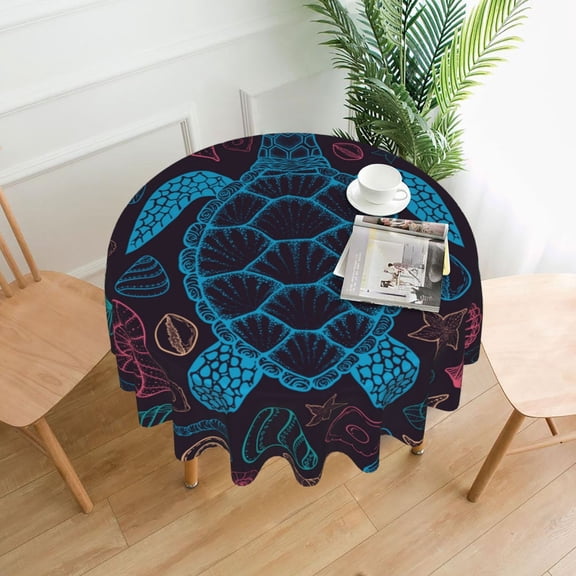 Sea Turtle Shells Starfish Tablecloths Round 60 inch Fabric Table Cloth Cover for Dining Kitchen Wedding Party