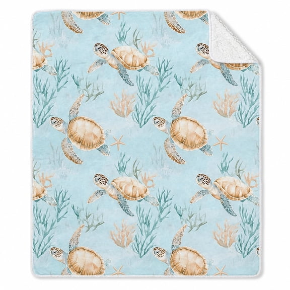 Sea Turtle Sherpa Throw Blanket, Soft Polyester Fleece with Sherpa Back, 50 x 60 in