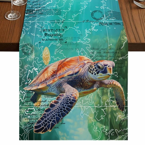 Sea Turtle Short Table Runner 36 Inches Long, Coastal Nautical Ocean Summer Beach Cotton Linen Table Runners Dresser Scarves, Fabric Tabletop Scarf Furniture Cover for Home Dinner Party Decor 13"x36"