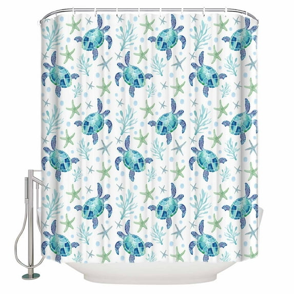 Sea Turtle Shower Curtain, 60" x 72", Ocean Starfish Watercolor Coral Waterproof Bathroom Curtain Washable Shower Curtain Set with 12 Hooks