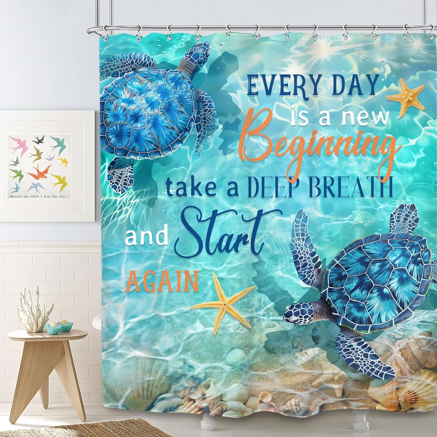 OLEBETY 4-Piece Sea Turtle Shower Curtain Set - Waterproof Fabric With Rugs & Hooks, Coastal Bathroom Decor