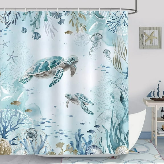Sea Turtle Shower Curtain for Bathroom Teal Blue Ocean Beach Coastal Decorative Bath Curtain 72 x 72 Inch Polyester Fabric Waterproof Bathroom Curtain with 12 Hooks