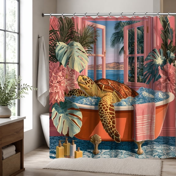 Sea Turtle Shower Curtain for Bathroom, Tropical Turtle Bathtub Pattern Fabric Shower Curtain, Ocean Animal Bathroom Decor, Waterproof Polyester Curtain 70.87 x 70.87 Inch