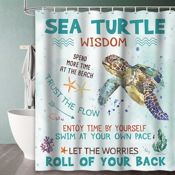 Sea Turtle Shower Curtain Beach Funny Sea Turtle Animal Summer Ocean Bathroom Curtain Decor + Hooks 72 X 72 inch