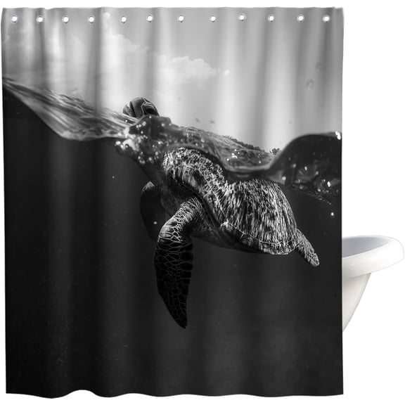 Sea Turtle Shower Curtain Black and White Beach Theme Nautical Ocean Cute Animal Kids Bathroom Decor Sets with Hooks Waterproof Washable 72Wx84H Grey