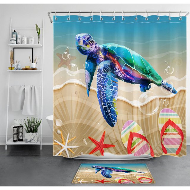 Sea Turtle Shower Curtain & Flip Flop Bathroom Set Perfect Beachy