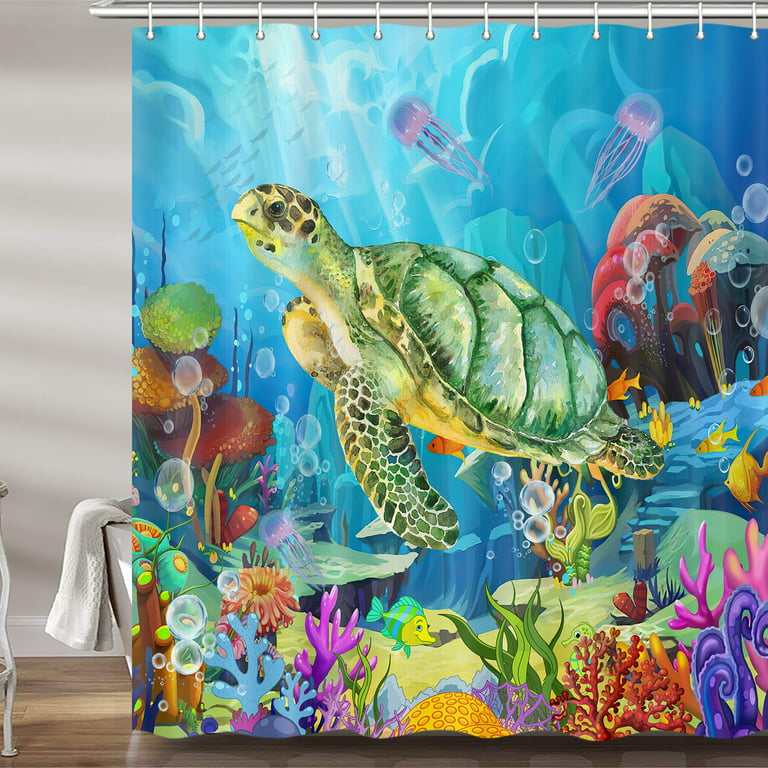 Sea Turtle Shower Curtain for Kids Bathroom, Tropical Fish Turtle Blue Sea  Ocean Beach Coastal Fabric Shower Curtains Set, Summer Beachy Nautical  Restroom Decor Accessories with Hooks 72X 72 inch 