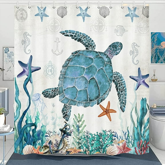 Sea Turtle Shower Curtain, Nautical Beach Theme Fabric Shower Curtain for Bathroom, Blue Teal Ocean Coastal Underwater Animal Seashell Jellyfish Waterproof Shower Curtain Set Decor with Hooks, 70X70IN