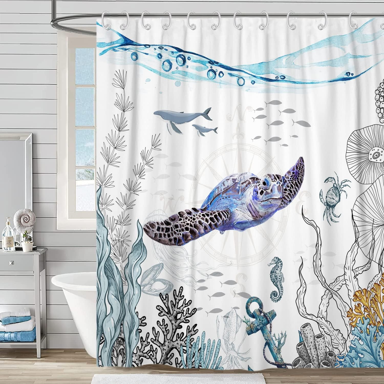 Sea Turtle Shower Curtain, Nautical Coastal Sea Turtle Ocean Underwater