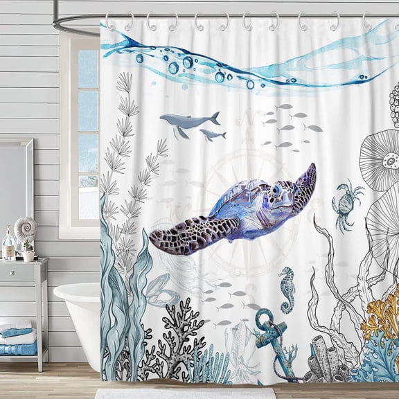 Sea Turtle Shower Curtain, Nautical Coastal Sea Turtle Ocean Underwater Marine Life Sea Animal Weighted Bottom Bathroom Curtain Waterproof Fabric Machine Washable with Hooks,72" Wx72 L