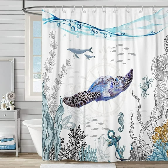 Sea Turtle Shower Curtain, Nautical Coastal Sea Turtle Ocean Underwater Marine Life Sea Animal Weighted Bottom Bathroom Curtain Waterproof Fabric Machine Washable with Hooks, 84''''Lx72''''W