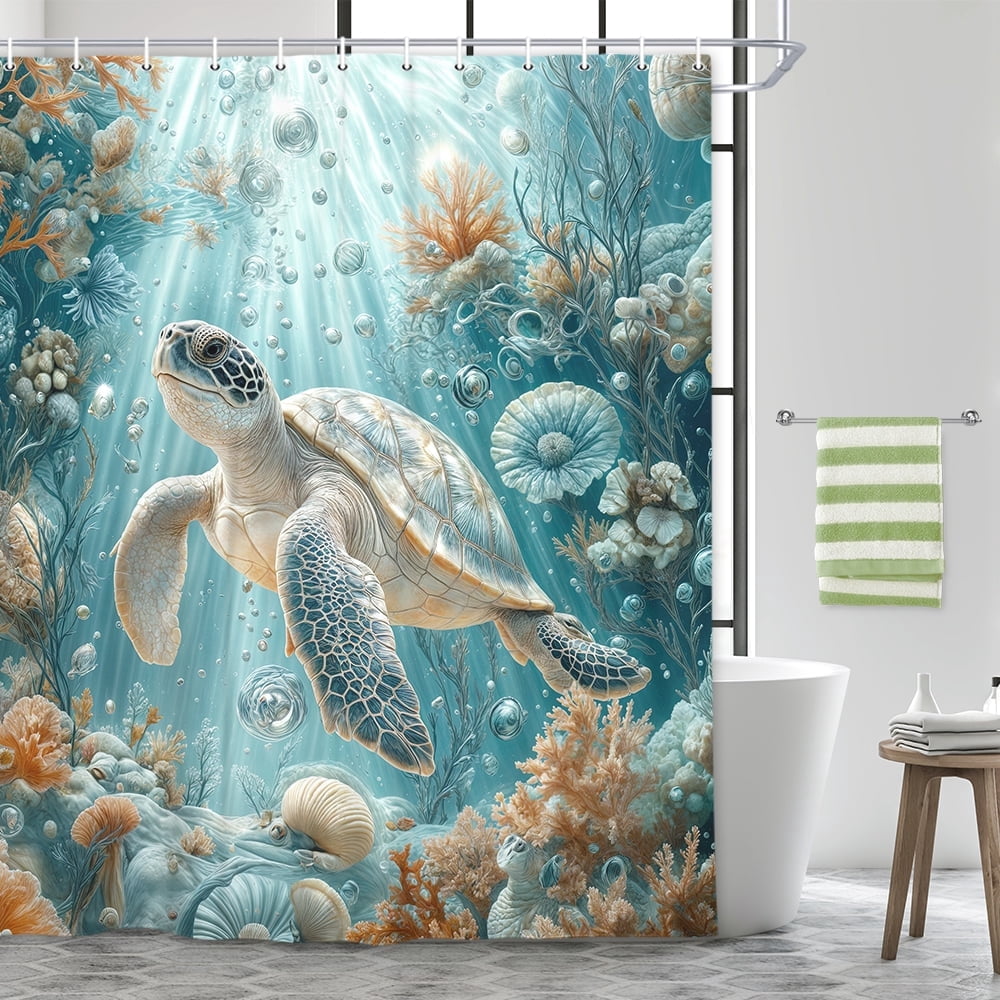 Sea Turtle Shower Curtain, Nautical Teal Blue Ocean Beach Underwater Coral Plant Shower Curtains for Bathroom, Summer Fabric Bath Shower Curtain Set with Hooks for Bathroom Decor Accessories, 72X72in
