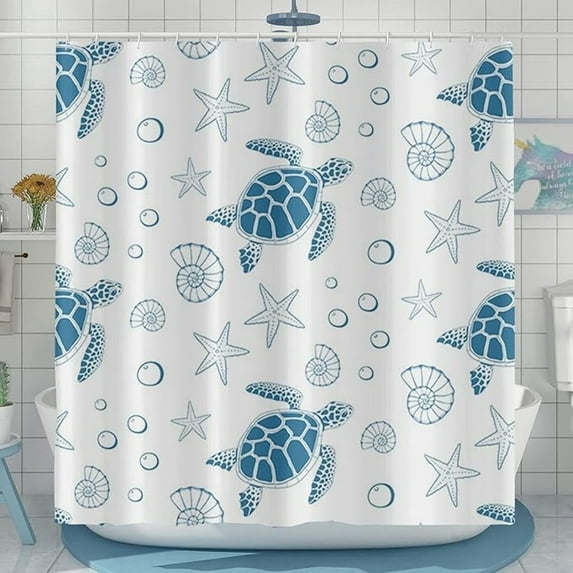 Sea Turtle Shower Curtain, Ocean Beach Themed Conch Starfish Blue And White Multicolor Bathroom Curtain For Bathtub Decor Waterproof Fabric Machine Washable With 12 Hooks 72"W x 78"L