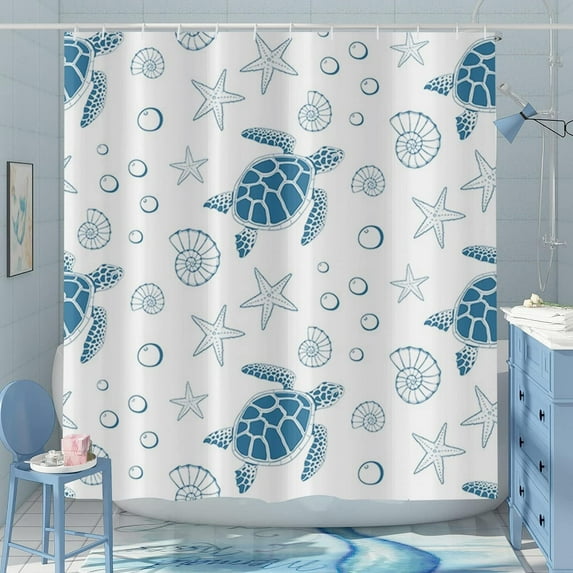 Sea Turtle Shower Curtain, Ocean Beach Themed Conch Starfish Blue and White Multicolor Bathroom Curtain for Bathtub Decor Waterproof Fabric Machine Washable with 12 Hooks