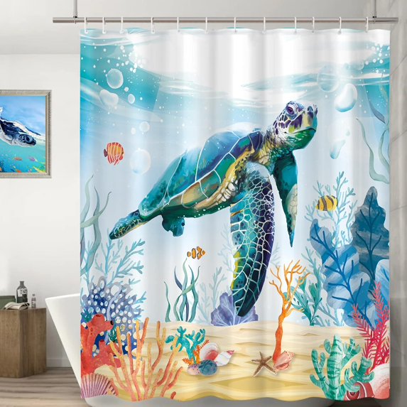 Sea Turtle Shower Curtain Ocean Creature Landscape Shower Curtains Tropical Fish Seaweed Seashell Shower Curtain Beach Theme Bathroom Decoration Fabric, 72x72 Inch (Ocean Sea Turtle)
