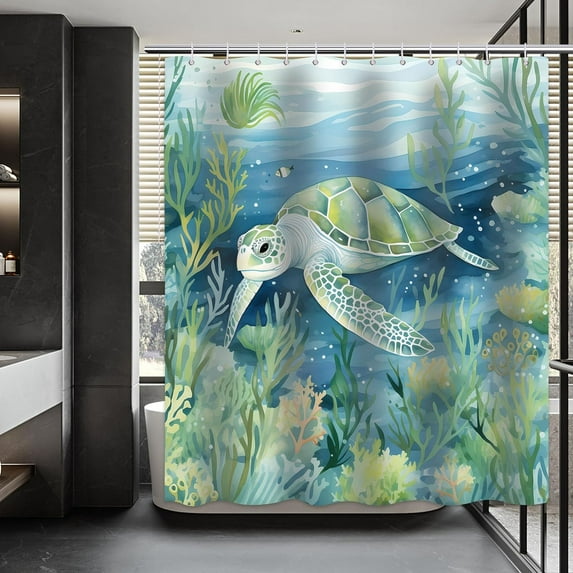 Sea Turtle Shower Curtain, Ocean Shower Curtain, Underwater Animals Green Sea Plant Shower Curtain Set Waterproof Bath Curtain Boys Kids Bathroom Decor with 12 Hooks, 72x72 inches
