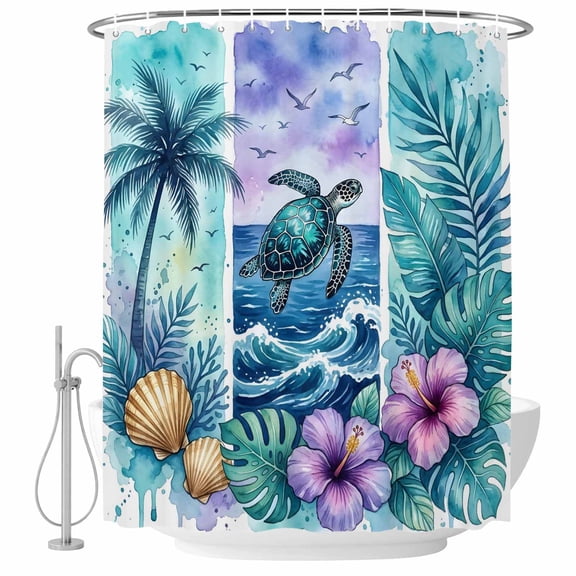 Sea Turtle Shower Curtain Set with Hooks, Nautical Tropical Ocean Beach Green Tree Leaf Flower Shell Water Repellent Shower Curtains for Bathroom Decor, Washable Sturdy Shower Curtain 36x78 Inch