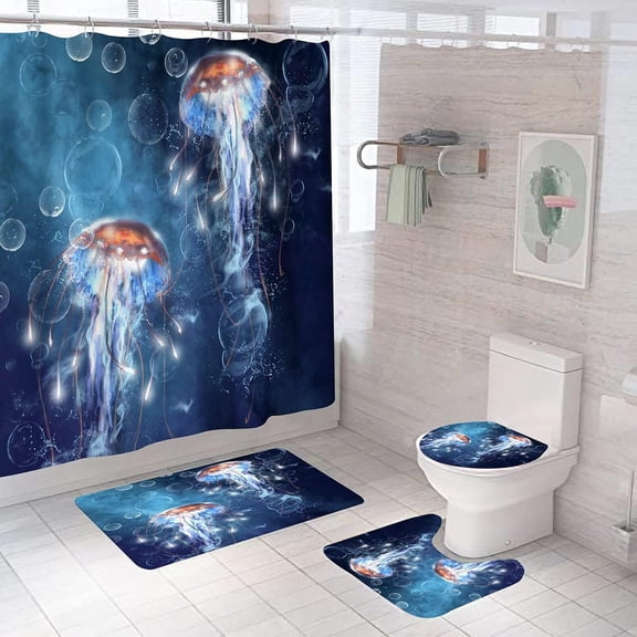 Sea Turtle Shower Curtain Set for Bathroom, Ocean Bathroom Sets with Shower Curtain and Rugs Polyester Fabric Waterproof Curtains with Hooks