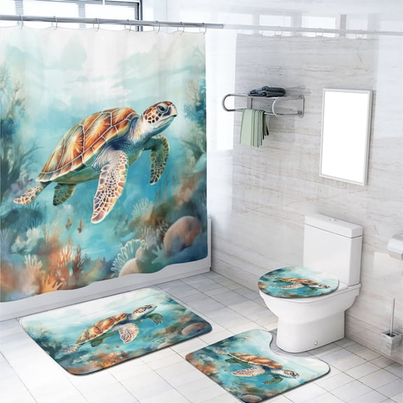 Sea Turtle Shower Curtain Sets with Rugs 4 Piece Ocean Themed Underwater Coral Aquatic Plants Bathroom Decor Set with Accessories, Waterproof Shower Curtain for Bathtub Decor, 72x72 Inch