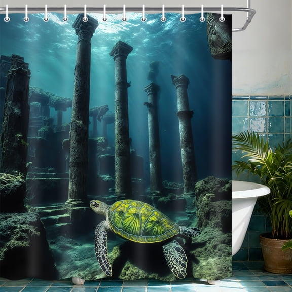 Sea Turtle Shower Curtain Shower Curtain,Ocean Underwater World Summer Tropical Bathtub Curtain,Teal Blue Turtle in The Deep Sea Bathroom Decor with Hooks,69X70 in