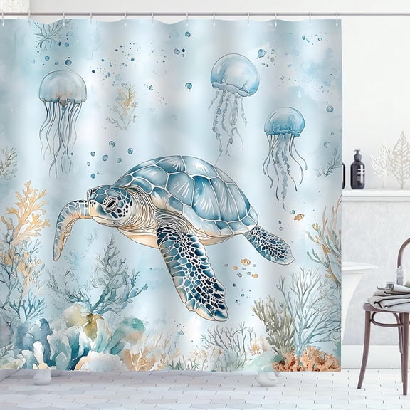 Sea Turtle Shower Curtain Teal Blue Ocean Beach Coastal Turtle Jellyfish Shower Curtains for Bathroom Polyester Fabric Bath Curtain 60 x 72 Inch with 12 Hooks