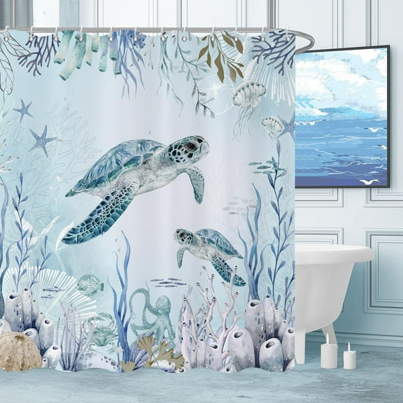 Sea Turtle Shower Curtain, Teal Blue Ocean Beach Coastal Turtle Starfish Jellyfish Underwater Creatures Bathroom Curtain Waterproof Fabric Machine Washable with Hooks, 72" Wx84 L