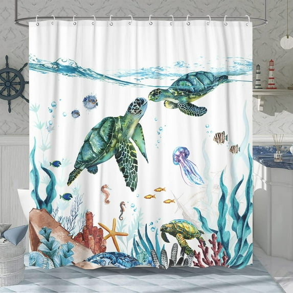 Sea Turtle Shower Curtain Teal Blue Ocean Waterproof Fabric Shower Curtains for Bathroom with Funny Animal Octopus Starfish Anchor Fish Nautical Bath Curtain Decor (Teal, 72''''×72'''')
