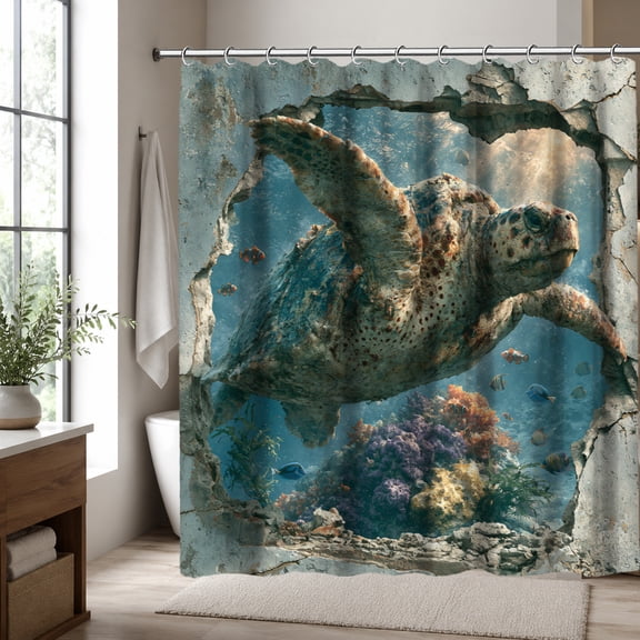 Sea Turtle Shower Curtain, Underwater Ocean Turtle Shower Curtain with Coral Reef and 3D Aquarium View Design, Marine Animal Bathroom Decor Curtain, 70.87 x 70.87 Inch