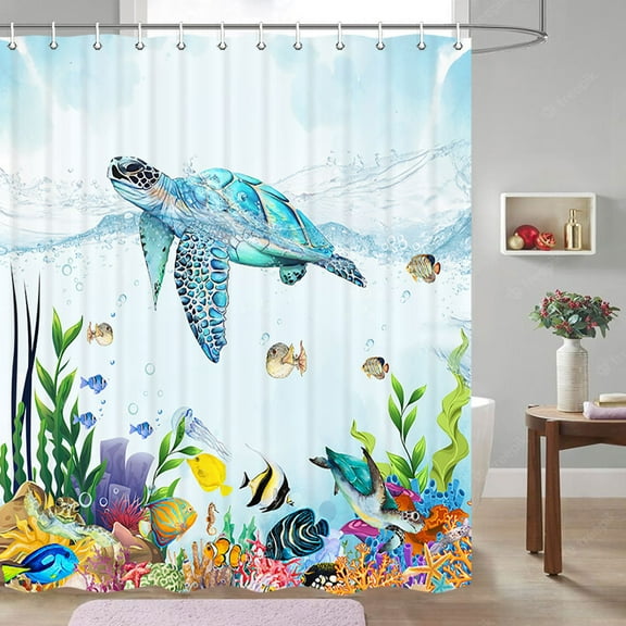Sea Turtle Shower Curtain, Underwater Seaweed Seashell Shower Curtain, Marine Animals Teal Ocean Shower Curtain, Tropical Fish Shower Curtain Nautical Turtle Bathroom Curtain Set with Hooks, (69X70)
