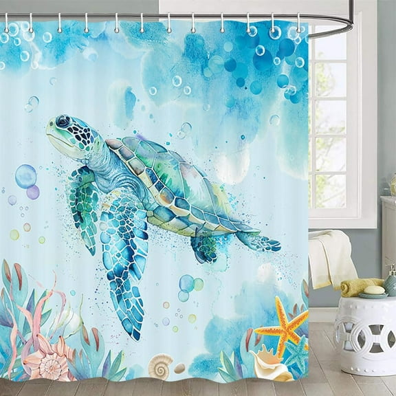 Sea Turtle Shower Curtain, Underwater Seaweed Seashell Shower Curtain, Marine Animals Teal Ocean Shower Curtain, Tropical Fish Shower Curtain Nautical Turtle Shower Curtain with Hooks(69X70)