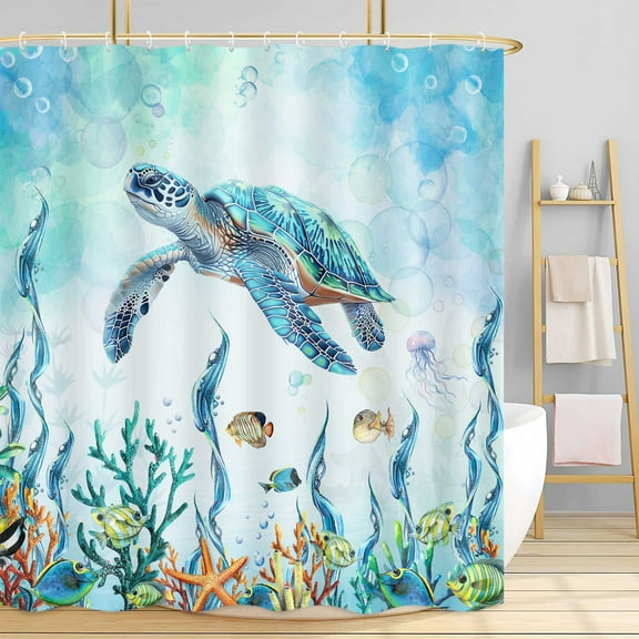 Sea Turtle Shower Curtain, Underwater Seaweed Seashell Shower Curtain, Marine Animals Teal Ocean Shower Curtain, Tropical Fish Shower Curtain Nautical Turtle Shower Curtain with Hooks, (70X70)