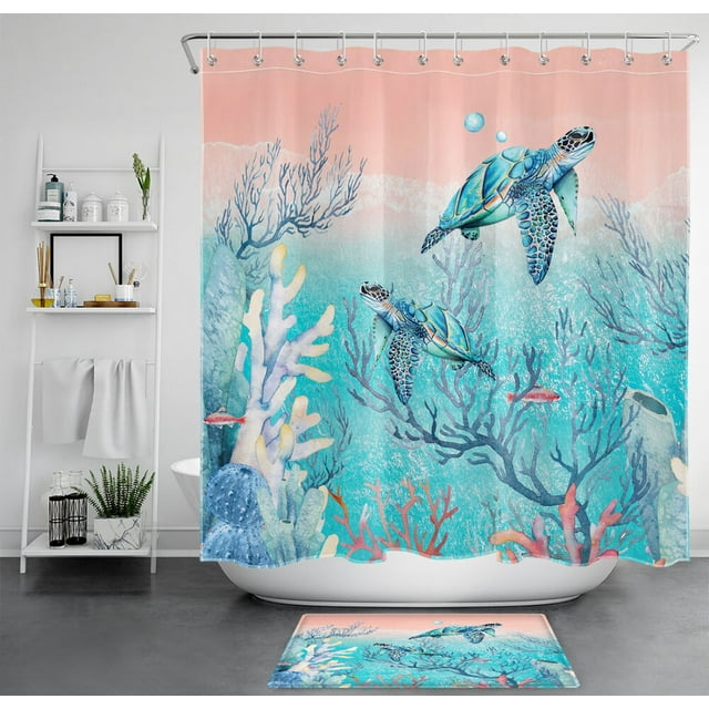 Sea Turtle Shower Curtain and Beach Decor Set with Pink Coral and Blue ...