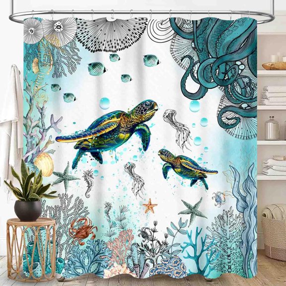 Sea Turtle Shower Curtains, Nautical Coastal Octopus Tentacles Seahorse Starfish Ocean Beachy Undersea Marine Teal Green Waterproof Fabric Bathroom Shower Curtain Set with Hooks, 72"x72" Inch