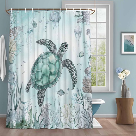 Sea Turtle Shower Curtains for Bathroom, Summer Shell Coral Washable Fabric Shower Curtain with Hooks Waterproof Bathroom Decor Sets, 72 x 72 Inches