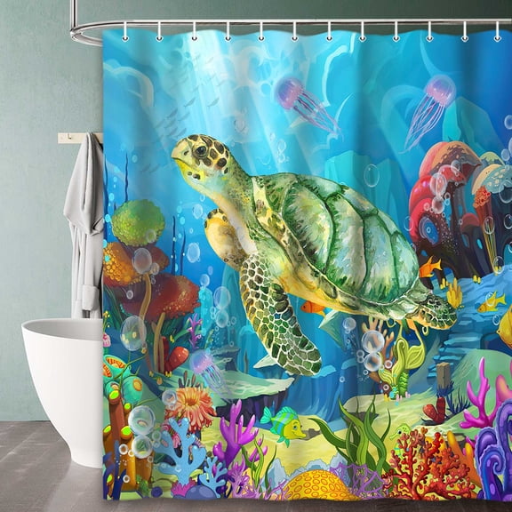Sea Turtle Shower Cutain, Colorful Under Ocean Funny Cartoon Fabric Bathtub Curtain Bathroom Decor + Hooks 72 X 72Inch