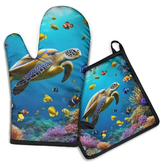 Sea Turtle Sjellyfish Kitchen Oven Mitt and Pot Holder Sets 2 Pcs for Baking, Cooking and Grilling, Heat Resistant Up To 392 °F